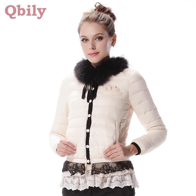 2012 female new arrival winter outerwear sweet fur collar single breasted lace patchwork design short down coat