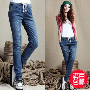 2012 female plus size loose denim patchwork unique jeans denim trousers