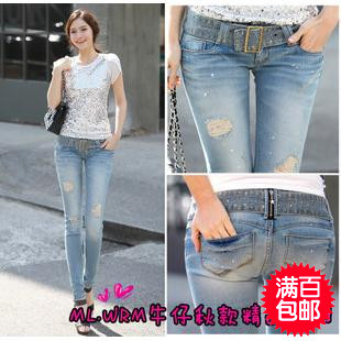 2012 female plus size loose hole skinny pants ultra elastic denim trousers