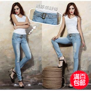 2012 female plus size loose pencil pants hole skinny pants ultra elastic jeans