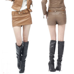 2012 female sexy slim hip slim half-length leather shorts short skirt black with belt