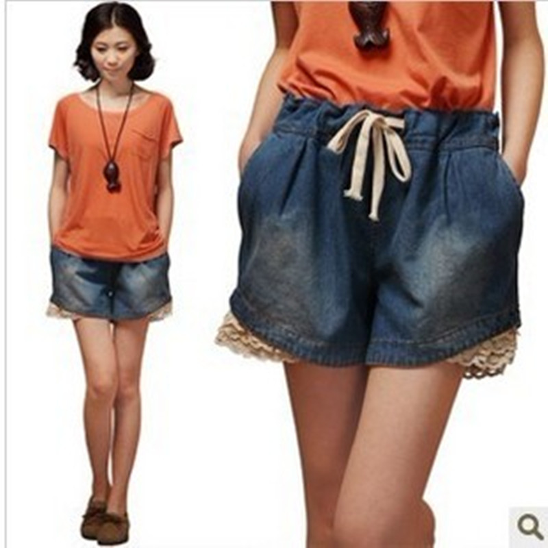 2012 female summer all-match lace patchwork denim shorts female