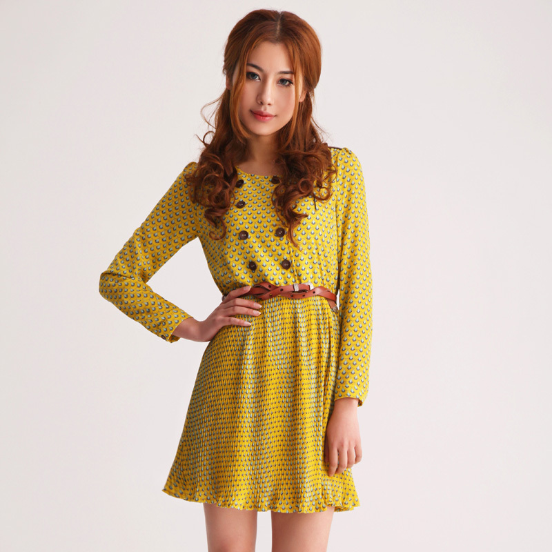 2012 female summer double breasted slim waist slim leather buckle on pleated spring and autumn dress long-sleeve dress