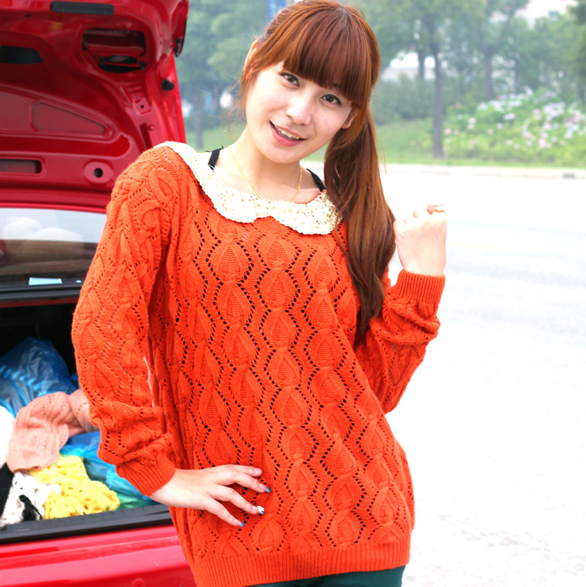 2012 female sweet paillette pan collar long-sleeve cutout sweater loose sweater outerwear