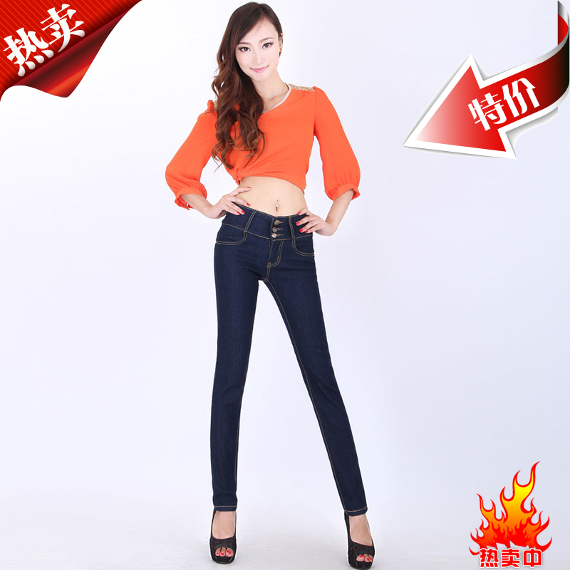 2012 female trousers butt-lifting buttons elastic skinny jeans female basic pencil pants