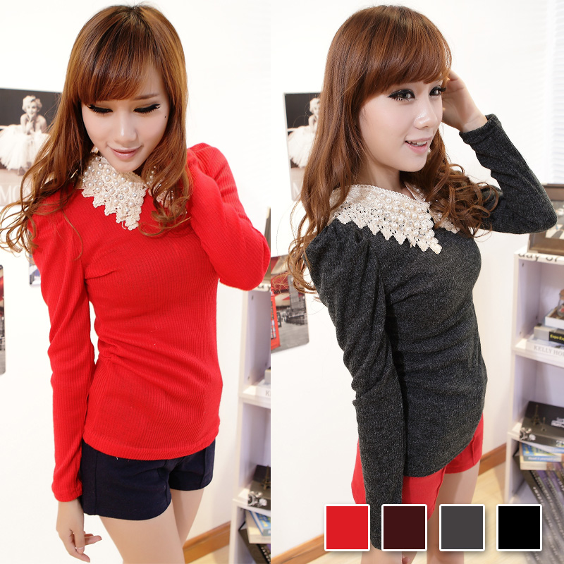 2012 female vintage cutout beading puff sleeve pullover basic sweater e54