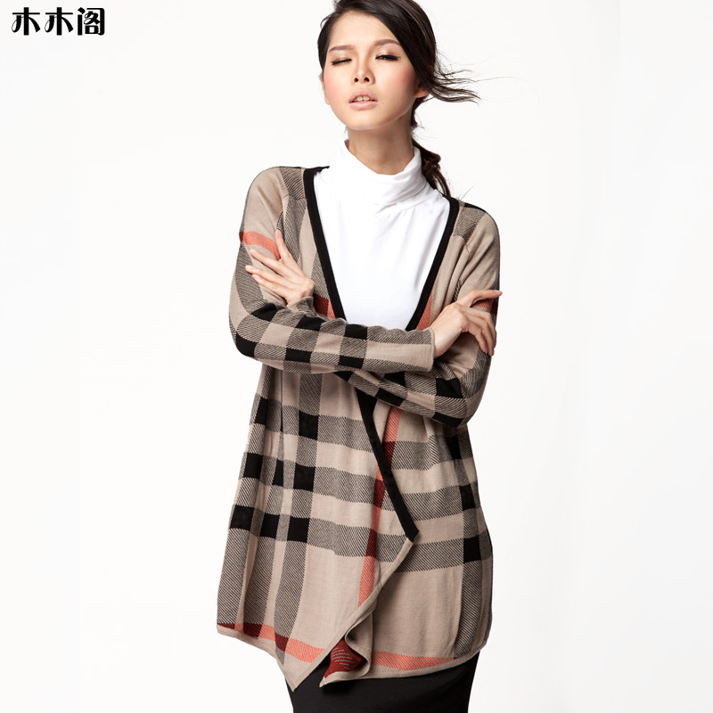 2012 female vintage elegant slim plaid irregular sweep wool cardigan female