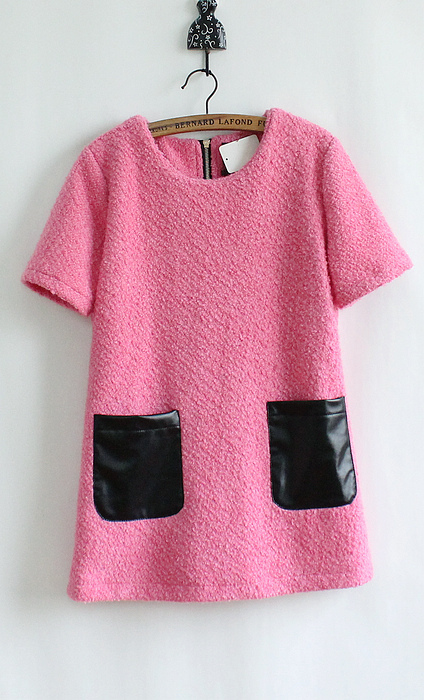 2012 female winter rose sweet leather little circle woolen one-piece dress pocket