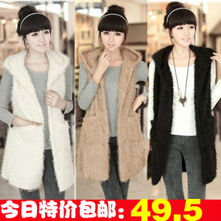 2012 fleece vest outerwear faux fashion medium-long women's spring and autumn hooded