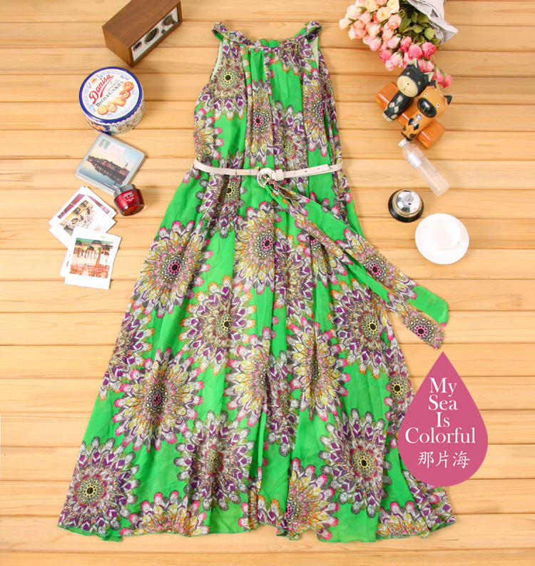 2012 flower chiffon one-piece dress beach dress mopping the floor full dress belt