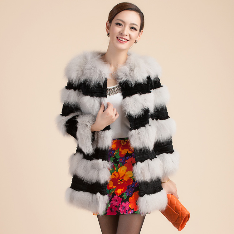 2012 fox fur coat color block rex rabbit hair stripe medium-long women's