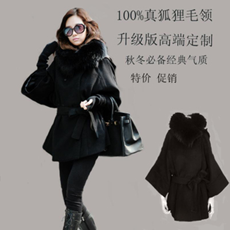 2012 fox fur leather slim kersey outerwear thickening plus size cashmere woolen overcoat