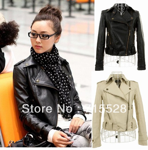 2012 Free Shipping Fashion Women's Turndown Collar Rivet PU Leather Jacket Coat Lady Outerwear Casual Overcoat 138957