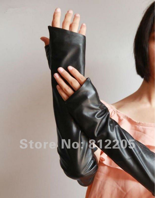 2012 Free shipping  ladies/women long/elbow  fashion genuine black half palm leather gloves 044-1