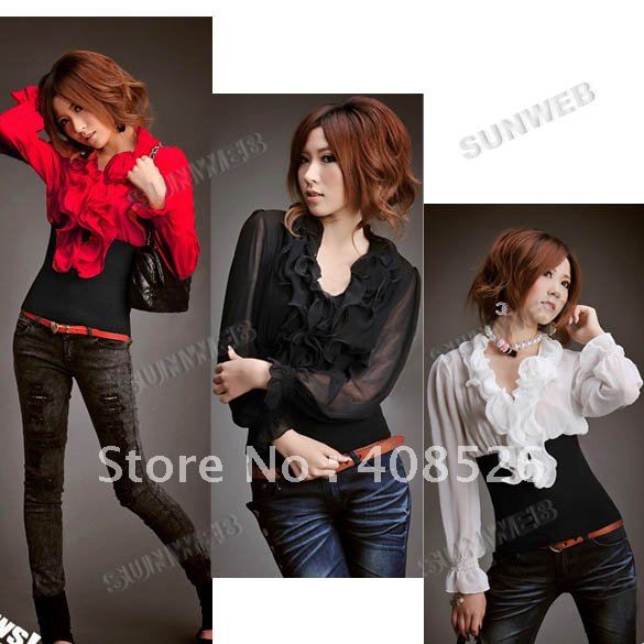 2012 FREE SHIPPING NEW Women's Lady Fashion Long Sleeve Top Chiffon Shirt Blouse Tops 3 Colors 5265