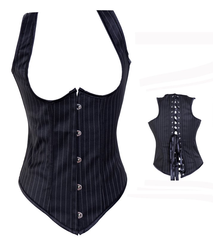 2012 free shipping Sexy Black Stripe Jacket forming machine lace Boned Corset Bustier thong + S-XXL Club Wear