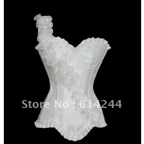 2012 free shipping Sexy white Rose Satin shoulder Corset Bustier Clubwear sent thong + SZ S-XXL