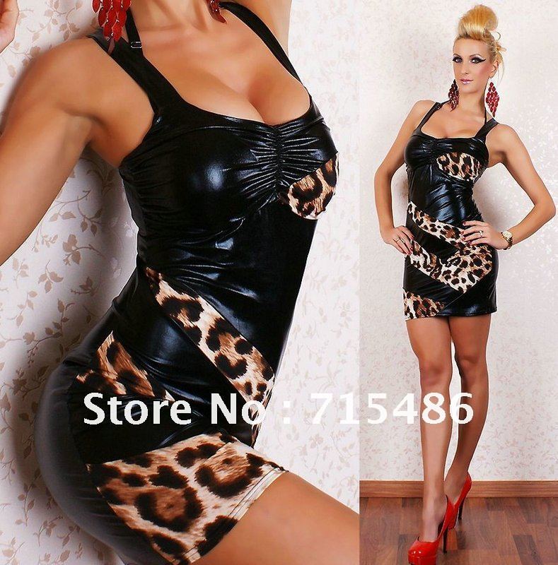 2012 Free Shipping Short Puffy dresses Black Faux Leather Cut Out  Halter Mini Dress Leopard Markings Dresses