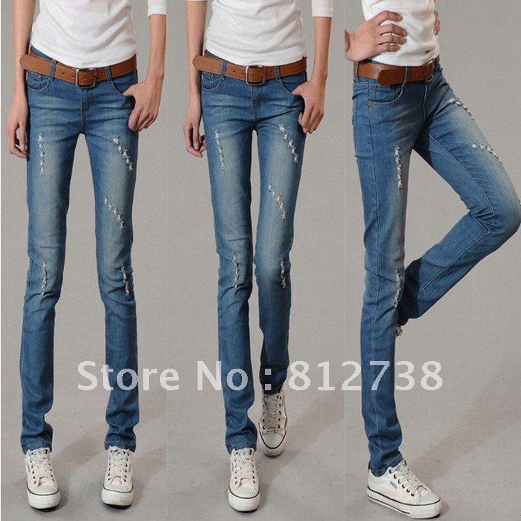 2012 Free Shipping significant skinny feet of hole grinding white light-colored pencil jeans , stylish Slim jeans