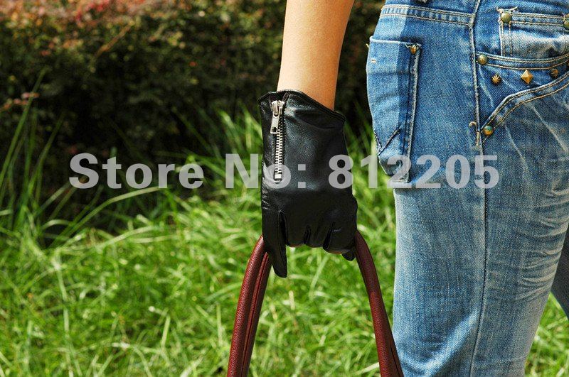 2012 Free shipping Wholesale ladies/women fashion genuine black goat leather gloves with zipper  029-1