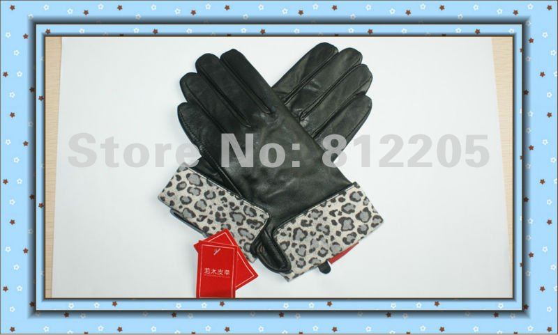 2012 Free shipping Wholesale ladies/women fashion genuine black leather gloves with animal print cuff 16-1