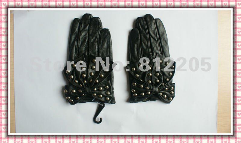 2012 Free shipping Wholesale ladies/women fashion genuine black leather gloves with bow and studs 018-1