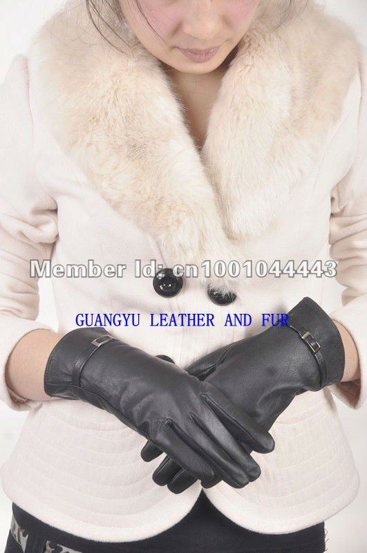 2012 Free shipping Wholesale ladies/women fashion genuine black leather  gloves with buckle 005-1