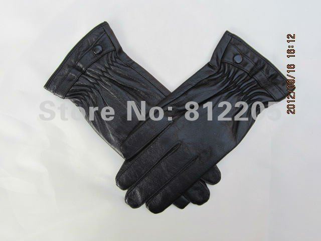 2012 Free shipping Wholesale ladies/women fashion genuine black leather gloves with button  057-1