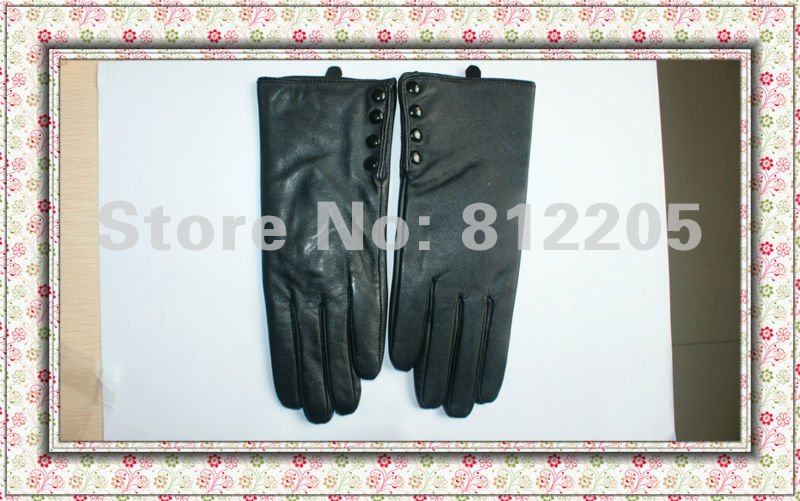 2012 Free shipping Wholesale ladies/women fashion genuine black leather gloves with button014-1