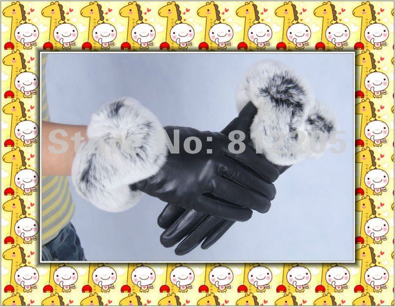 2012 Free shipping Wholesale ladies/women fashion genuine goat  leather gloves with rex rabbit fur 023-1