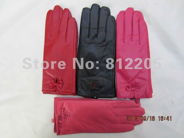 2012 Free shipping Wholesale ladies/women fashion genuine  red black pink colorful leather gloves with butterfly bow 052-1