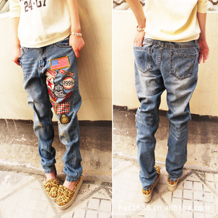 2012 free shipping women's autumn vintage loose denim pants hole jeans trousers