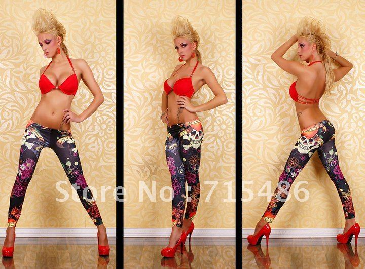 2012 Free Shipping Women's Fashion Leggings Skulls & Flowers Hosiery Tights Slim Stockings Leggings Pants