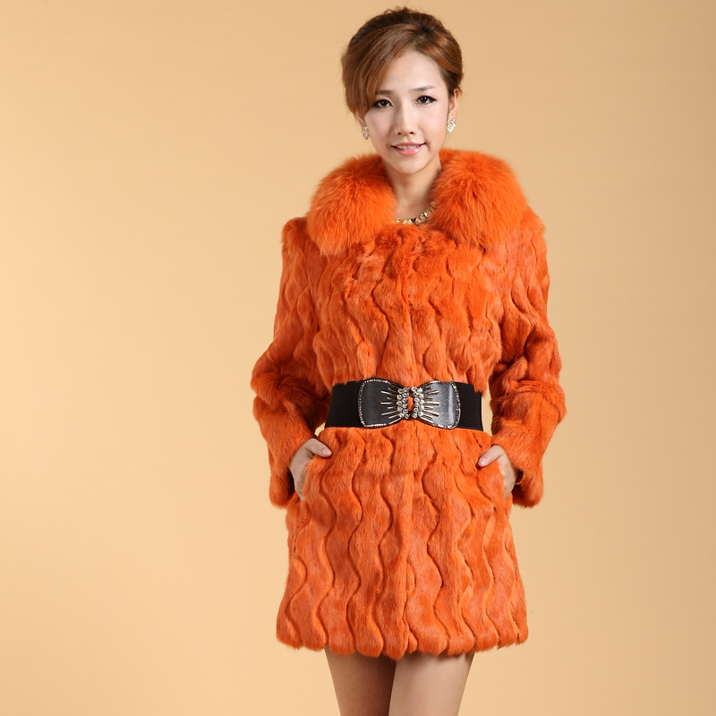 2012 full leather rabbit fur medium-long fur coat with fox fur collar