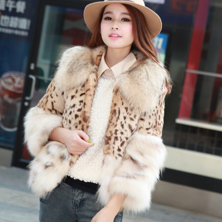 2012 full leather rabbit  ultralarge raccoon  leopard print short design  coat