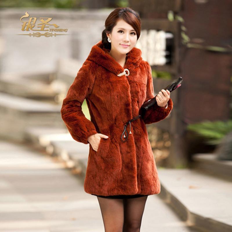 2012 full leather rex rabbit hair suede fur coat medium-long overcoat hooded female