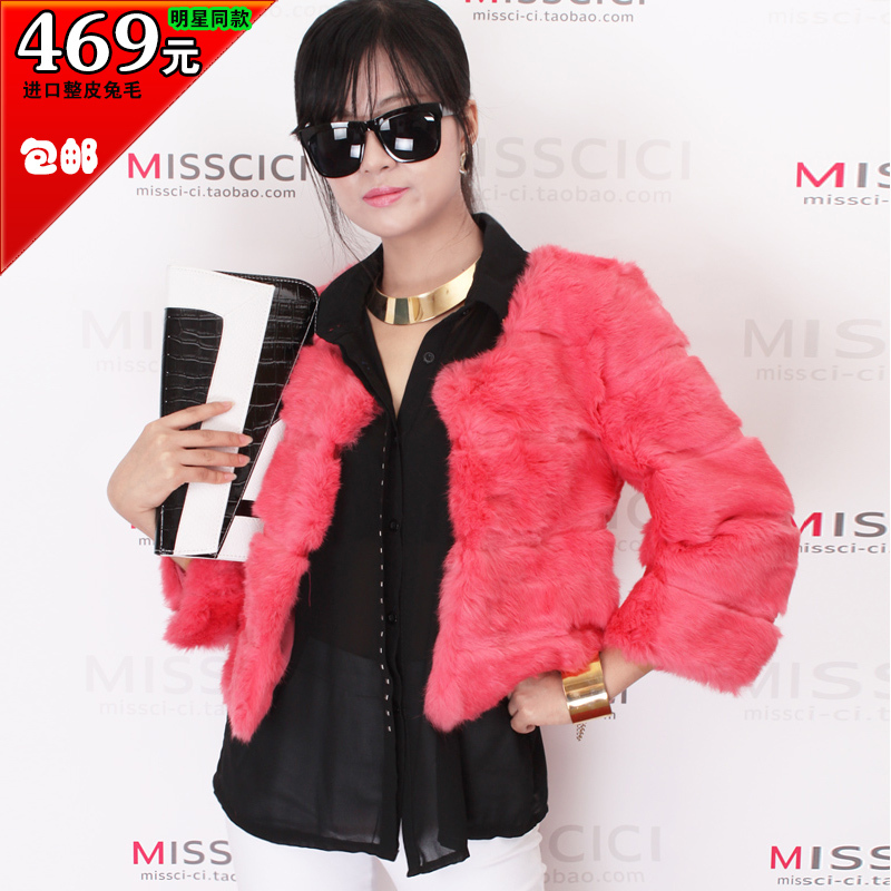 2012 full leather slim three quarter sleeve short design rabbit fur coat female