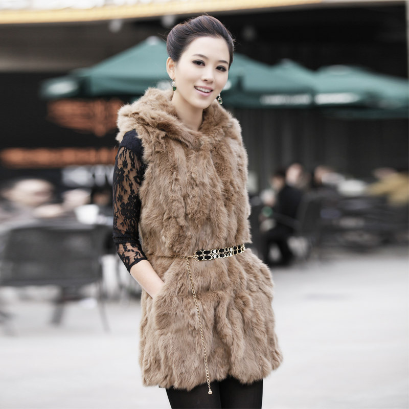 2012 fur casual medium-long hooded rabbit fur coat female q101