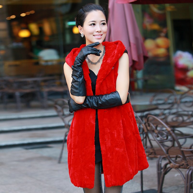 2012 fur casual medium-long hooded rex rabbit hair fur coat female r218