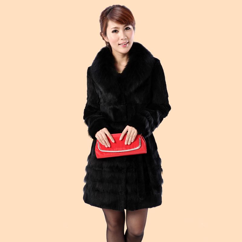 2012 fur coat full leather rabbit fur fox long design women's overcoat plus size