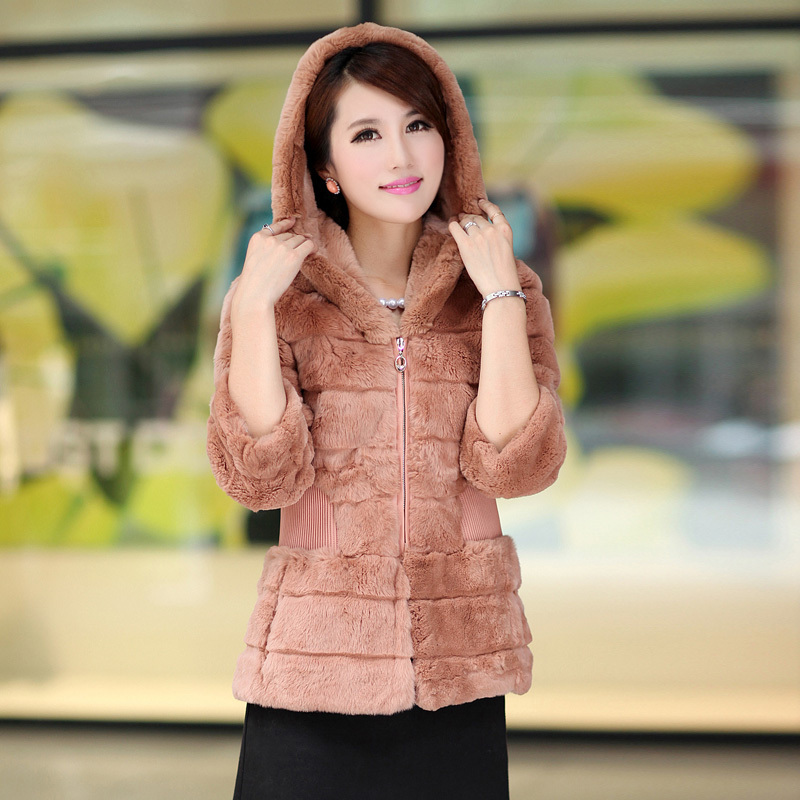 2012 fur coat fur rex rabbit hair hooded outerwear female 8551