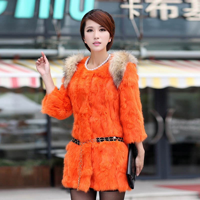 2012 fur coat medium-long rabbit fur raccoon fur