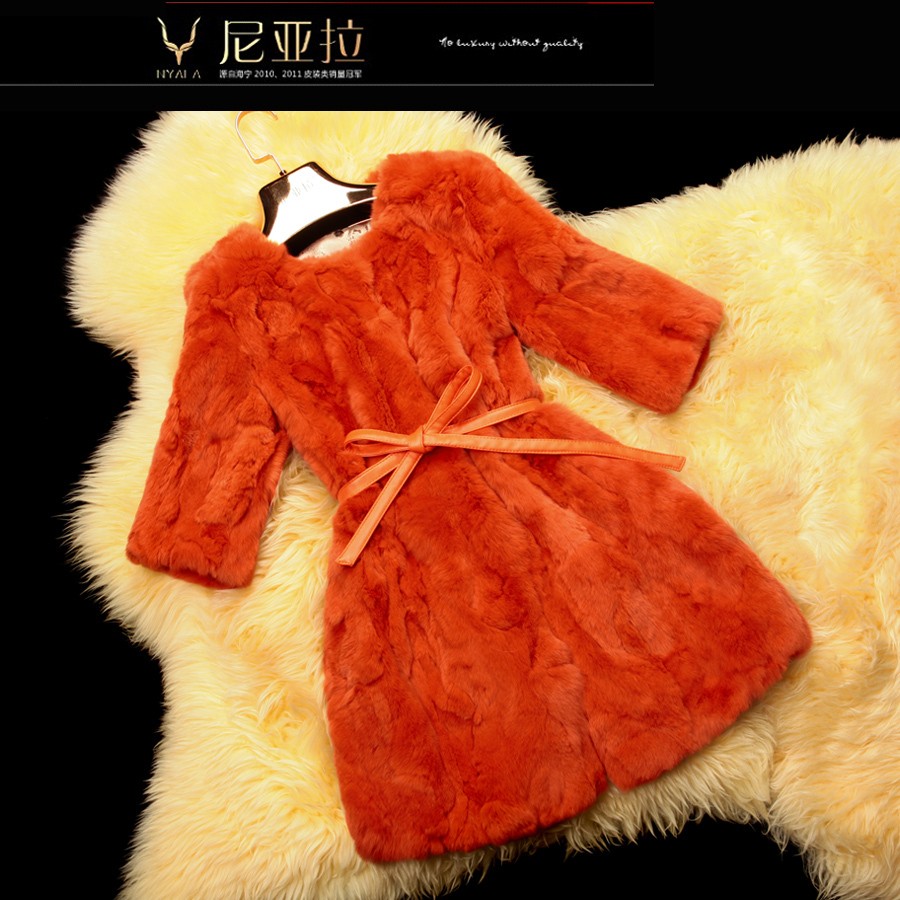 2012 fur o-neck medium-long rex rabbit hair women's fur coat d202