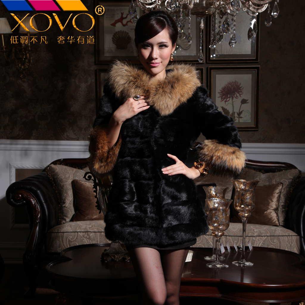 2012 fur raccoon fur tie cap full leather rex rabbit hair fur coat female medium-long