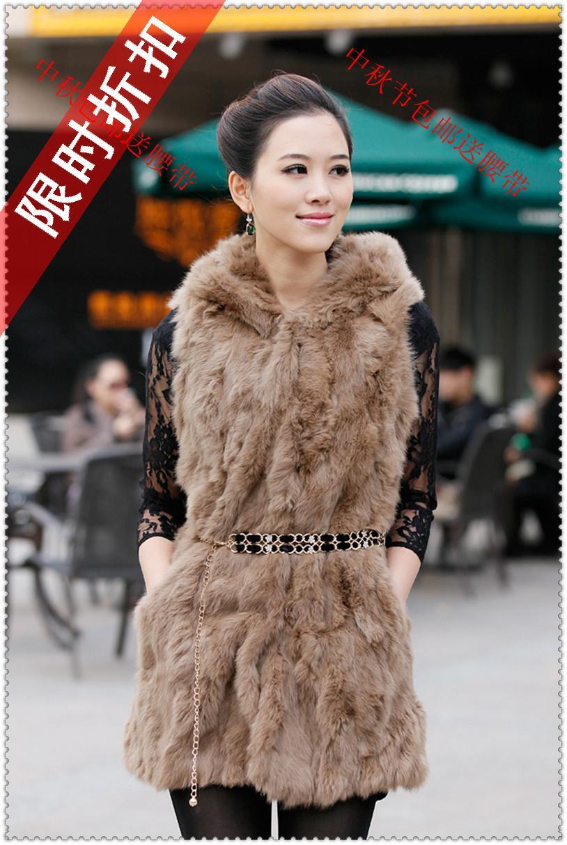 2012 fur vest rabbit leather vest casual hooded fur