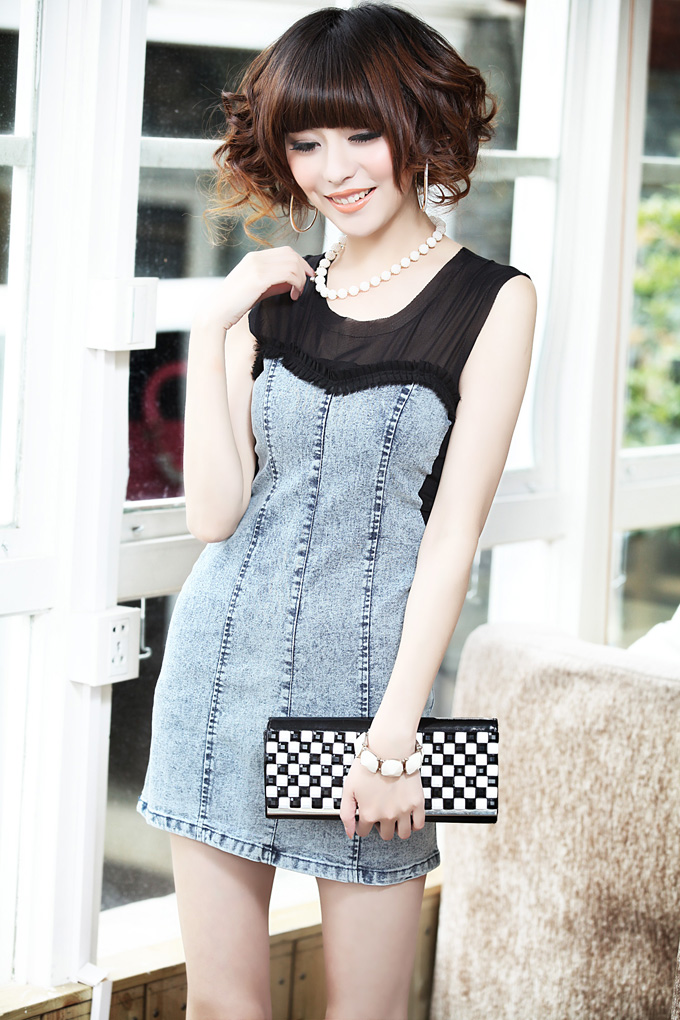 2012 gauze patchwork denim slim tube top vest denim elastic back zipper one-piece dress