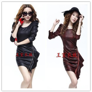 2012 gentlewomen sexy autumn and winter faux leather serpentine pattern thin elegant one-piece dress