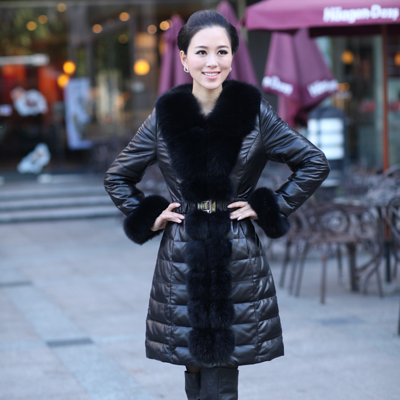 2012 genuine leather clothing female down coat outerwear sheepskin medium-long trench fox fur overcoat