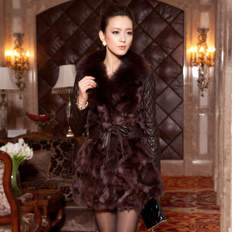 2012 genuine leather clothing leather female medium-long fox wool fur coat fur