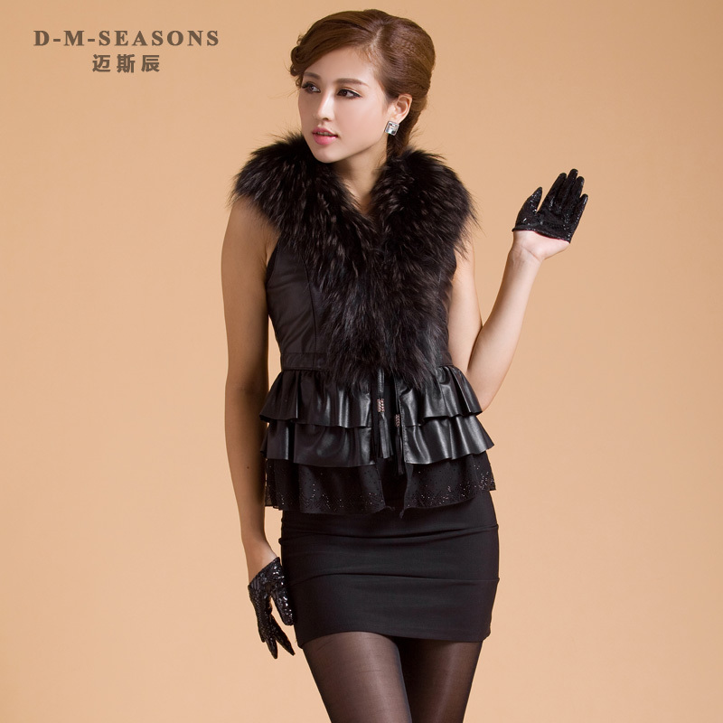 2012 genuine leather clothing raccoon fur lace skirt sheepskin vest